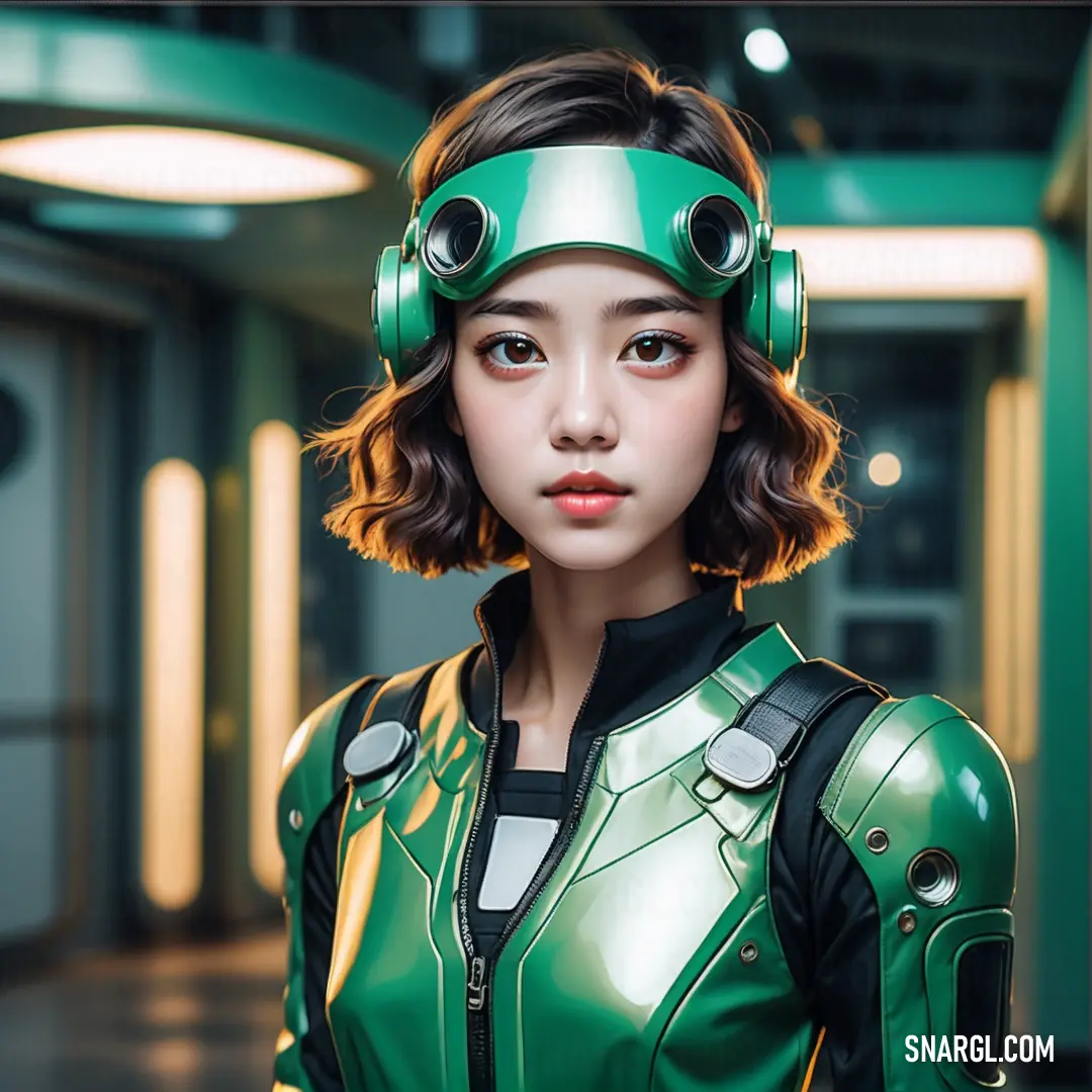 Woman in a green suit with headphones on her head and a green helmet on her head and a green background. Example of PANTONE 334 color.