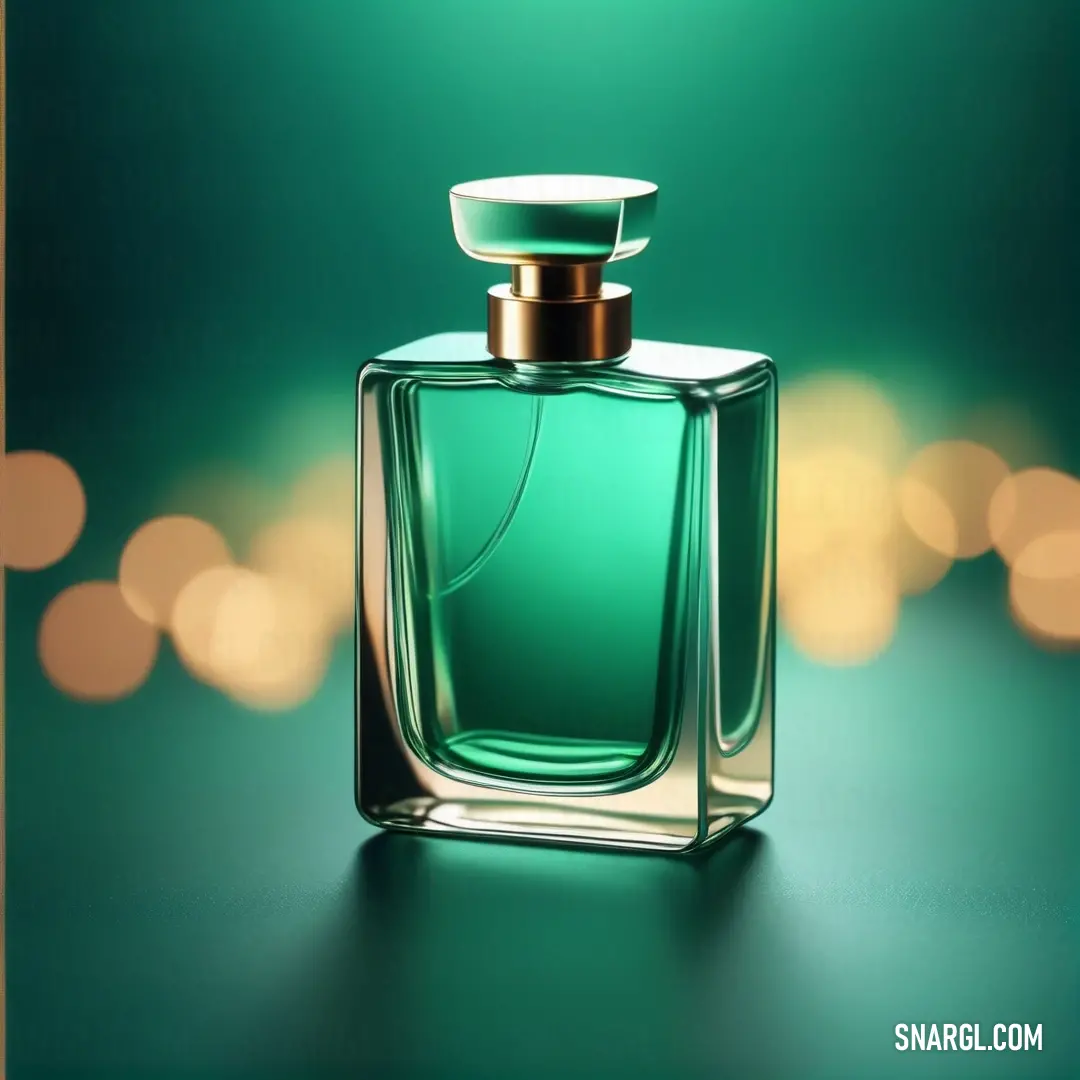 Bottle of green perfume on a green background. Example of RGB 0,128,94 color.