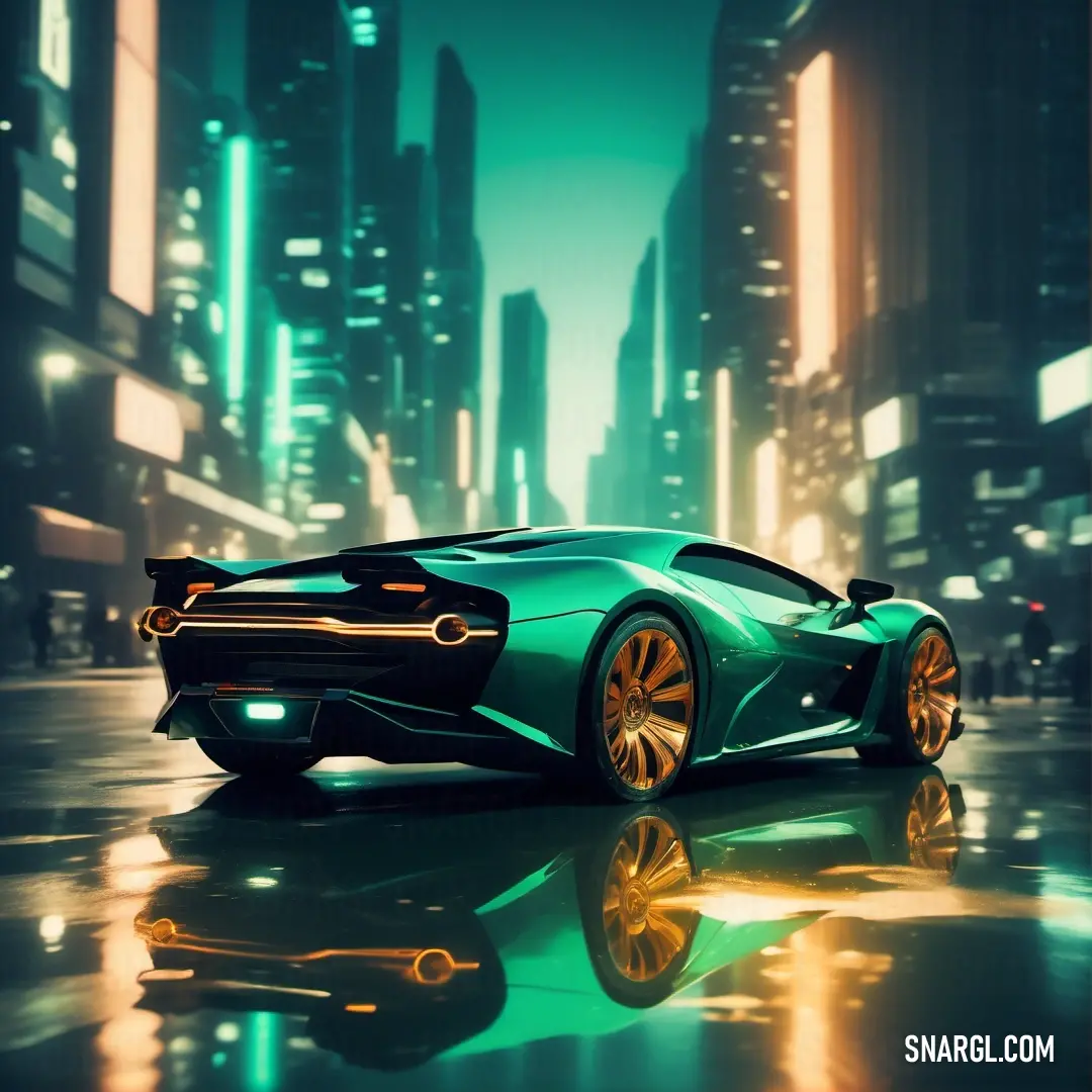 Futuristic car is shown in a city at night time with a reflection on the floor of the car. Color RGB 0,128,94.