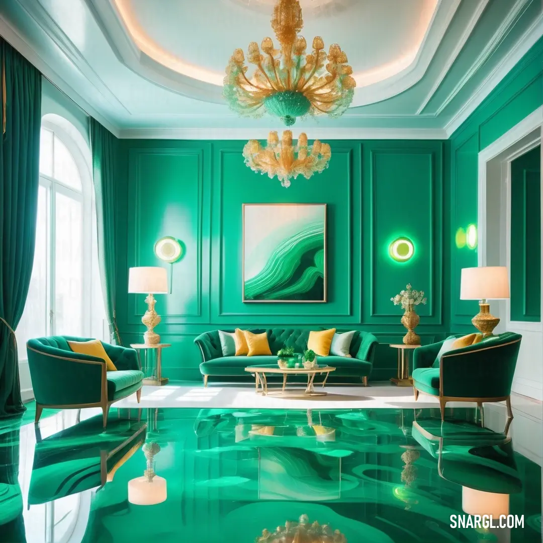 Living room with green walls and a chandelier hanging from the ceiling and a green couch and chair. Example of CMYK 97,6,69,19 color.