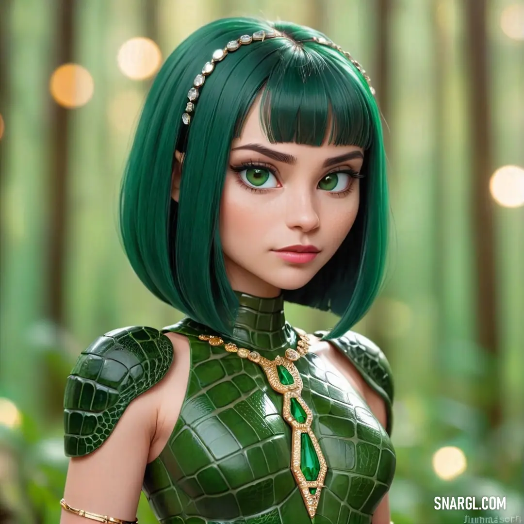 Doll with green hair and a green dress in a forest with lights behind her and a chain around her neck