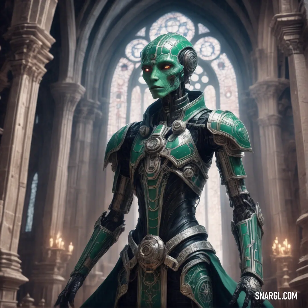 Green alien standing in front of a gothic window in a cathedral with a stained glass window behind it. Color CMYK 95,11,70,44.