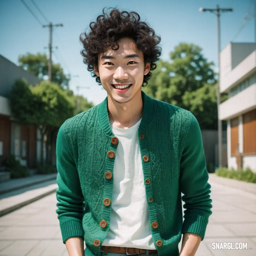 RGB 0,105,78. Man with curly hair wearing a green cardigan and smiling at the camera with a building in the background