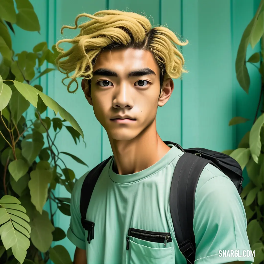 Man with a backpack standing in front of a green wall with leaves on it. Example of PANTONE 337 color.
