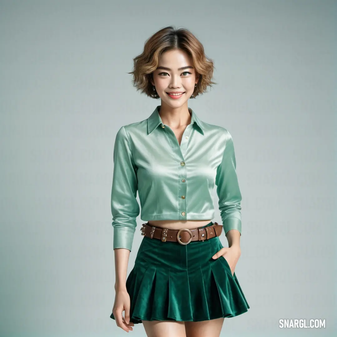 PANTONE 337 color example: Woman in a green shirt and skirt posing for a picture with her hands on her hips and smiling