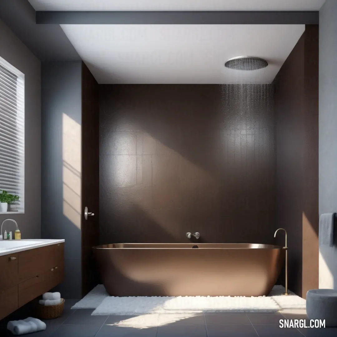 A luxurious bathroom with a large tub and a centrally placed sink, showcasing a PANTONE 3375 color that enhances the soothing atmosphere. The design balances modern aesthetics with comfort.