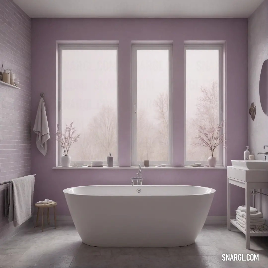 A bathroom featuring a luxurious tub and three large windows, flooding the space with natural light. The soft RGB 177,215,196 color gives the room a soothing and airy ambiance, perfect for relaxation.