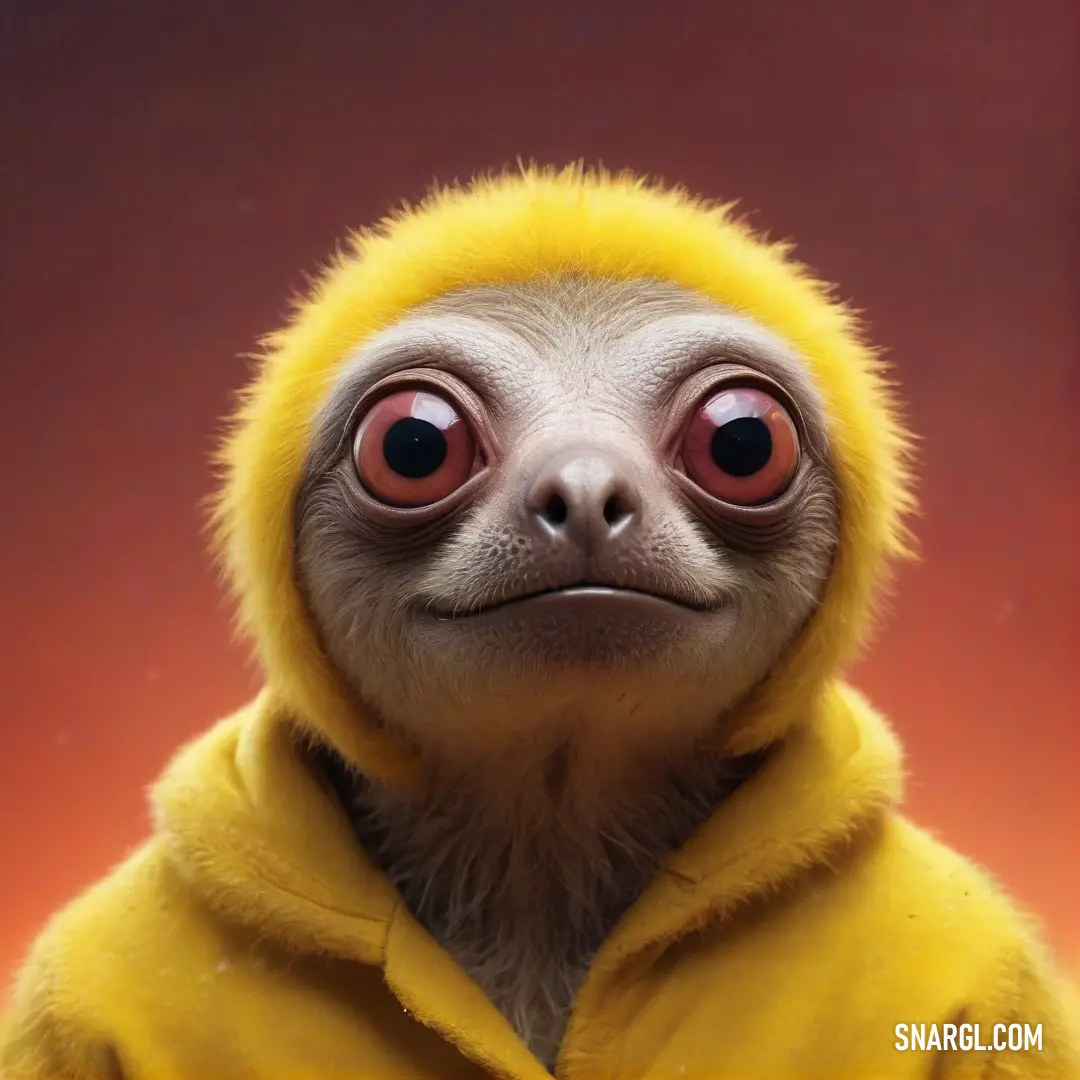 A close-up view of a cuddly stuffed animal clad in a hooded yellow jacket, showcasing the refreshing PANTONE 3375. The plush texture and vibrant colors invite you to experience comfort and joy.