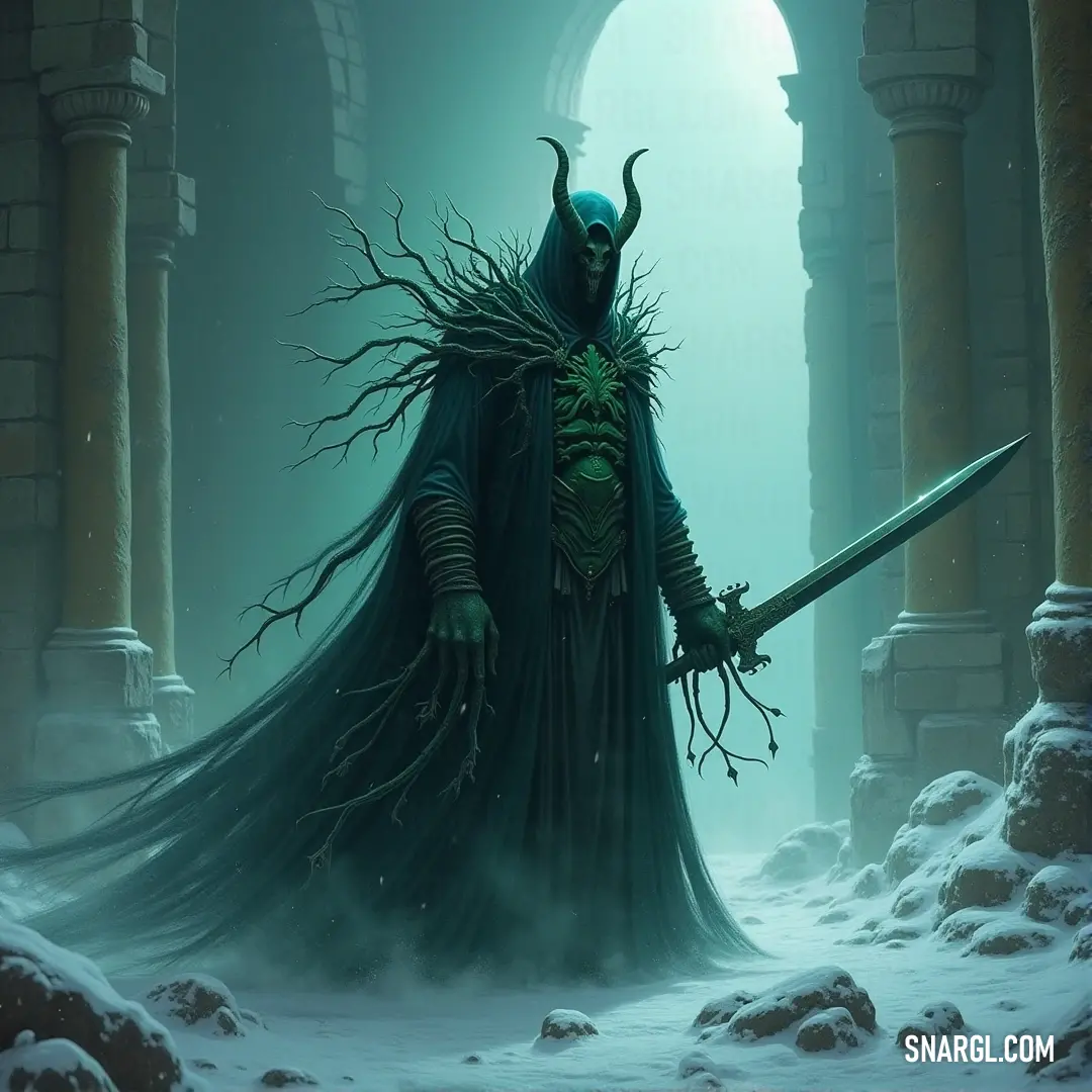 A warrior cloaked in vibrant green fabric, brandishing a sword as they traverse a wintry landscape adorned with majestic arches and pillars, rendered in delicate shades of snow against the frost-kissed ground.