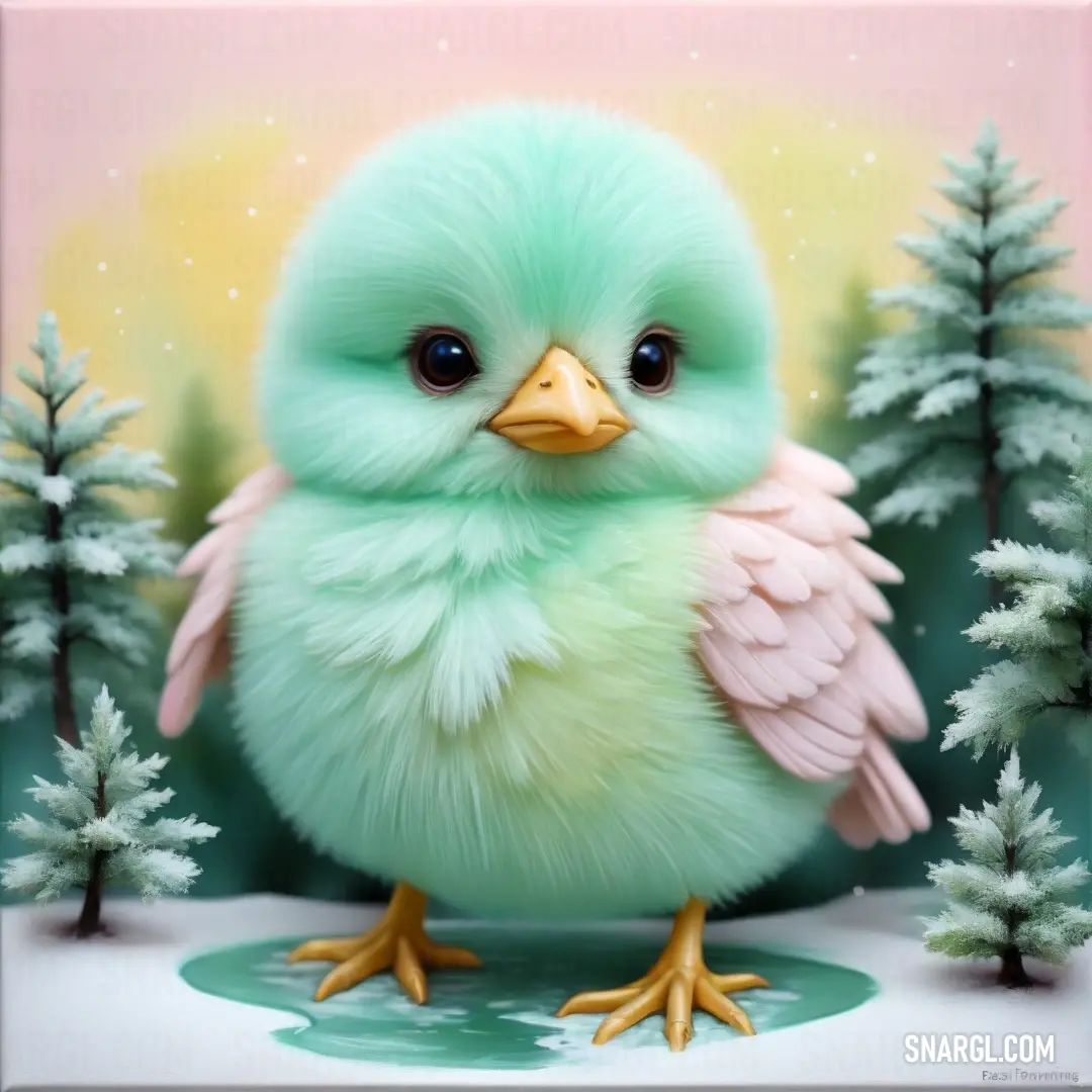 Painting of a green bird with white wings and a pink background. Color RGB 177,215,196.