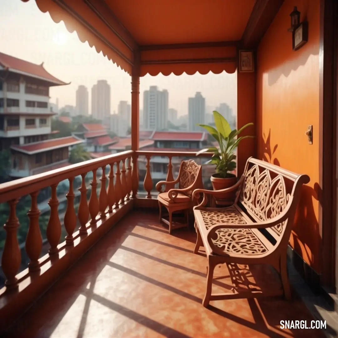 A charming balcony with two cozy chairs and a small potted plant, offering a stunning view of a distant city. The light CMYK color scheme adds a fresh and peaceful vibe to the urban setting.