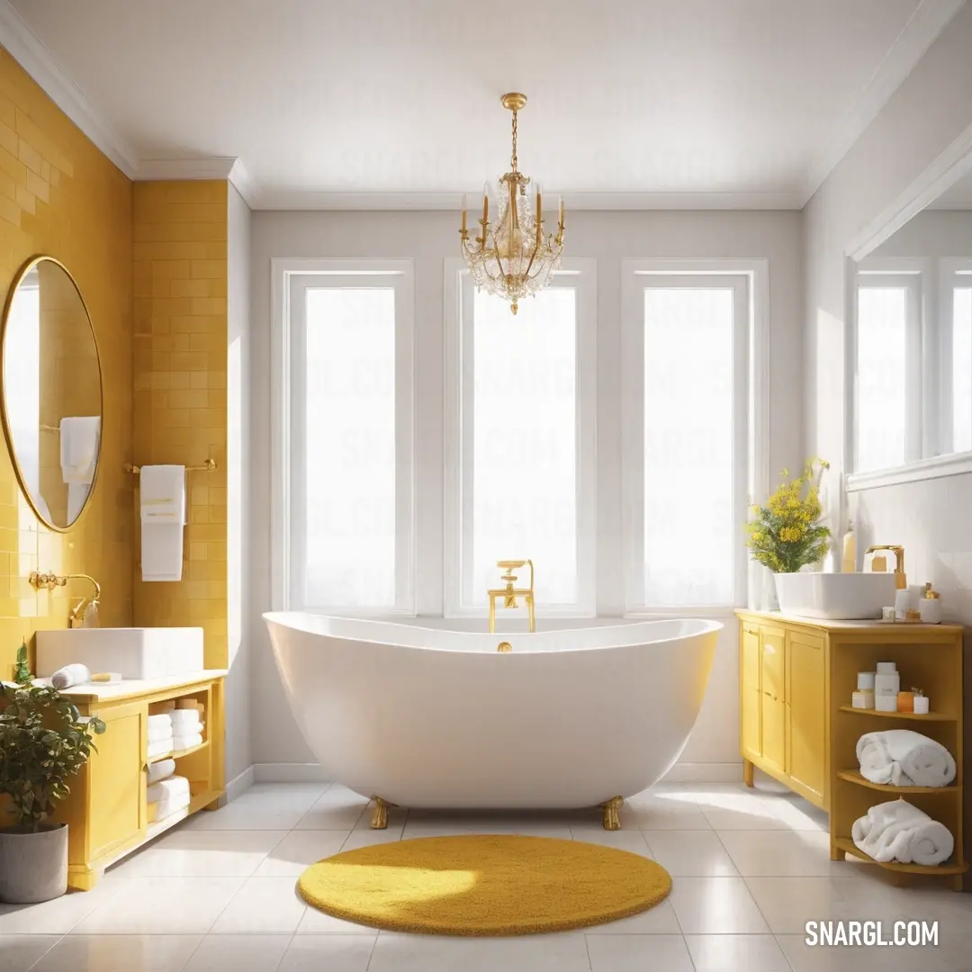 A spacious bathroom with a large tub beneath a chandelier, featuring a yellow rug that adds a pop of color to the relaxing environment. The PANTONE 3375 color complements the bright and welcoming atmosphere.