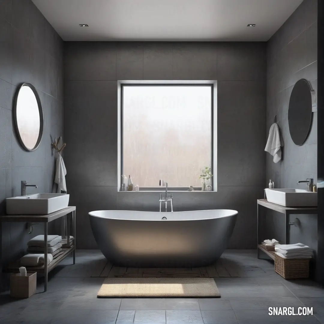 A bathroom with a large tub and sink, offering a peaceful view through a window to the trees outside. The CMYK 36,0,24,0 color enhances the calming effect of the natural light.