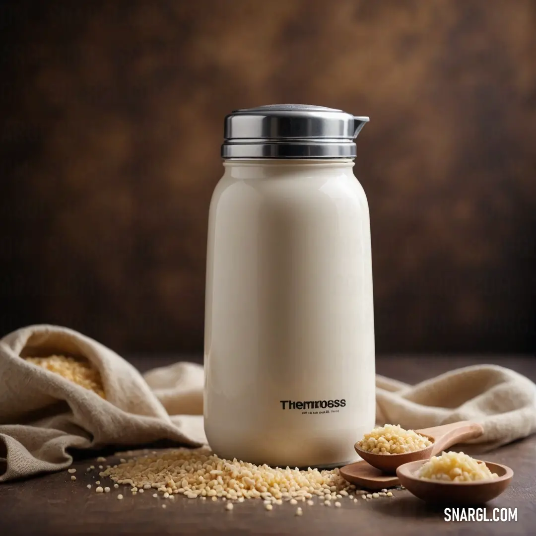 A thermos bottle accompanies a silver spoon and a spoonful of rice on a textured cloth-covered table. The soothing color palette of the scene and the subtle play of light create an inviting, homely feel, reminiscent of a comforting meal.