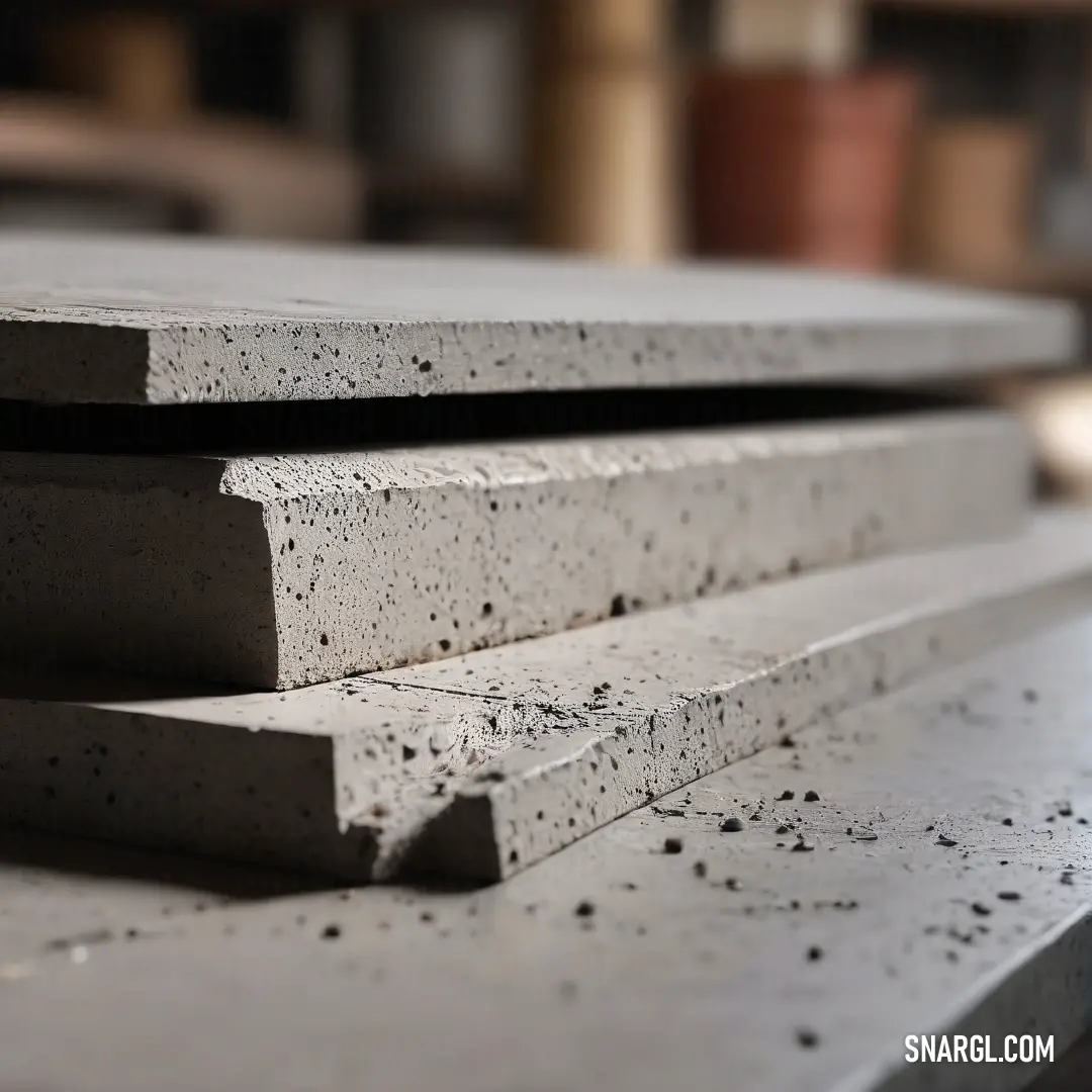 A close-up view of a stack of concrete blocks arranged neatly on a table, surrounded by shelves filled with various items and a bookcase. This photo highlights the sturdy texture of the blocks and their contrasting setting in a room.