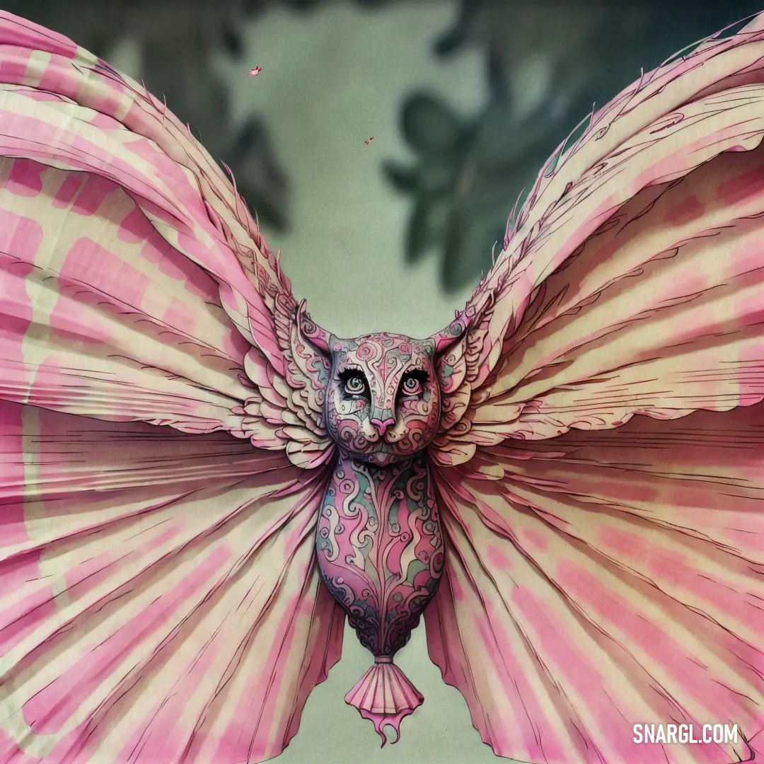 A captivating pink owl with a large, soft pink wing and piercing blue eye, perched in a natural setting. The blend of PANTONE 3375 color adds a vibrant and dreamy touch to the scene, highlighting the owl's uniqueness.