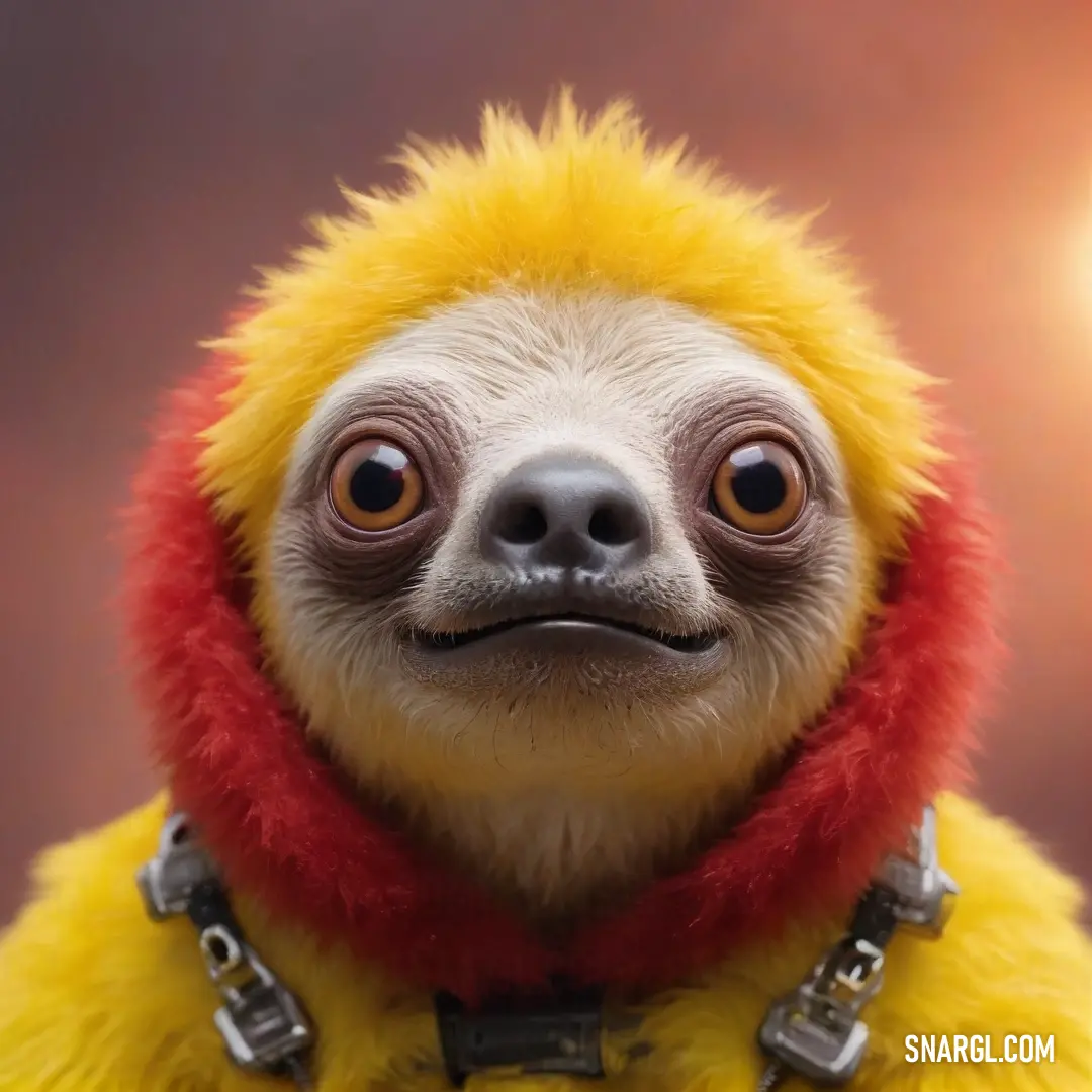 A playful sloth sporting a vibrant red collar and a charming yellow jacket resting on its head, exuding a whimsical vibe. Its serene expression complements the soft hues of RGB 177, 215, 196, creating a delightful sight.