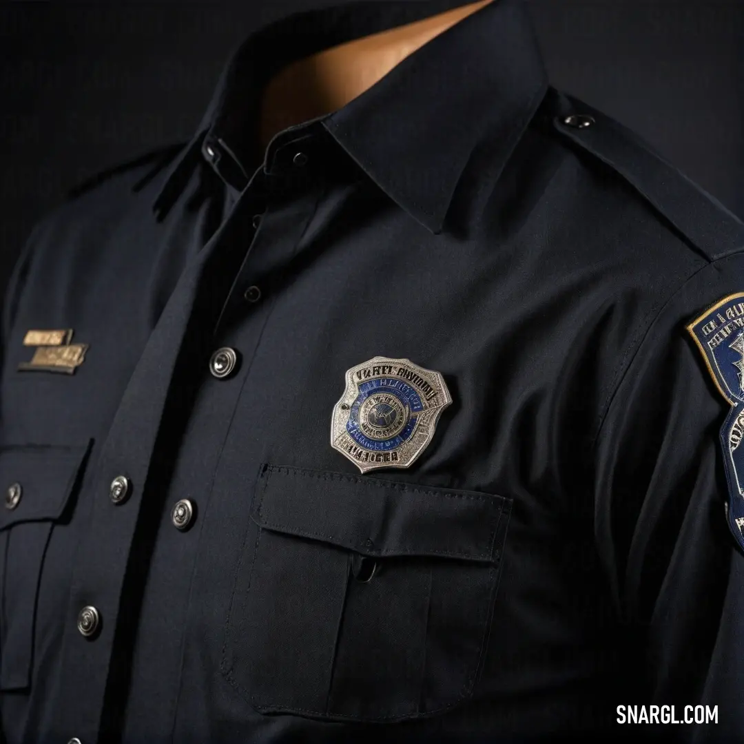 A police officer's uniform, resplendent with shining badges, hangs with pride, symbolizing duty and dedication. The uniform's rich fabric and careful detailing reflect the honor associated with public service and the spirit of protection.