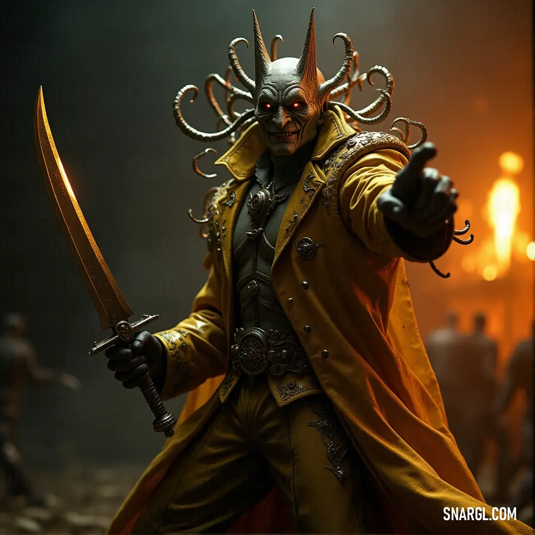 A captivating statue of a fierce demon grasping a sword, its menacing mask reflecting dark power and strength, set against a backdrop that evokes an atmosphere of ancient tales and myths.