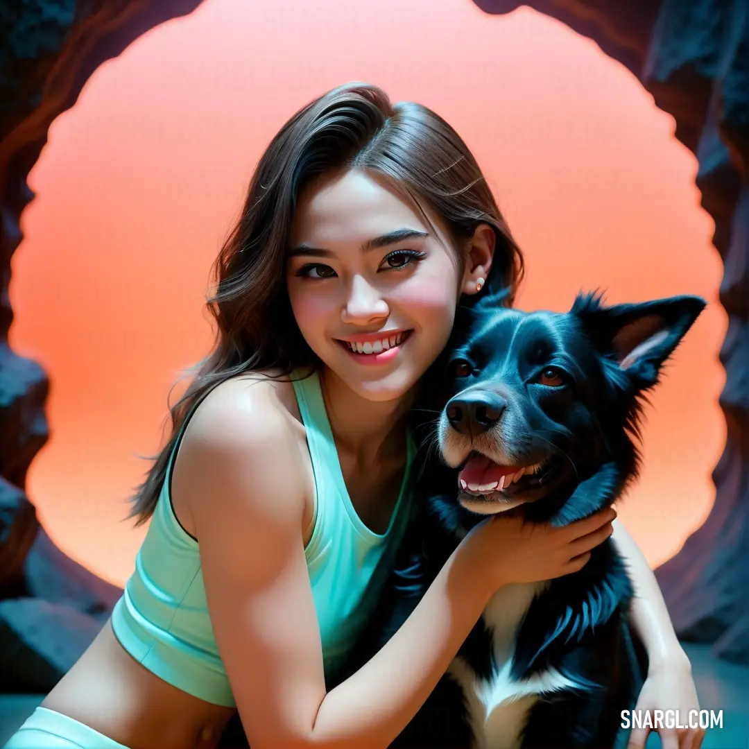 Woman is holding a dog in her arms and smiling at the camera with a cave in the background. Color PANTONE 338.