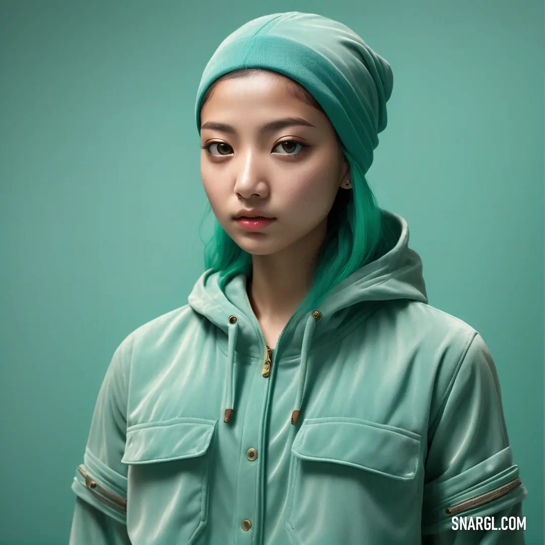 PANTONE 338 color. Woman with green hair wearing a green jacket and a green head scarf on her head