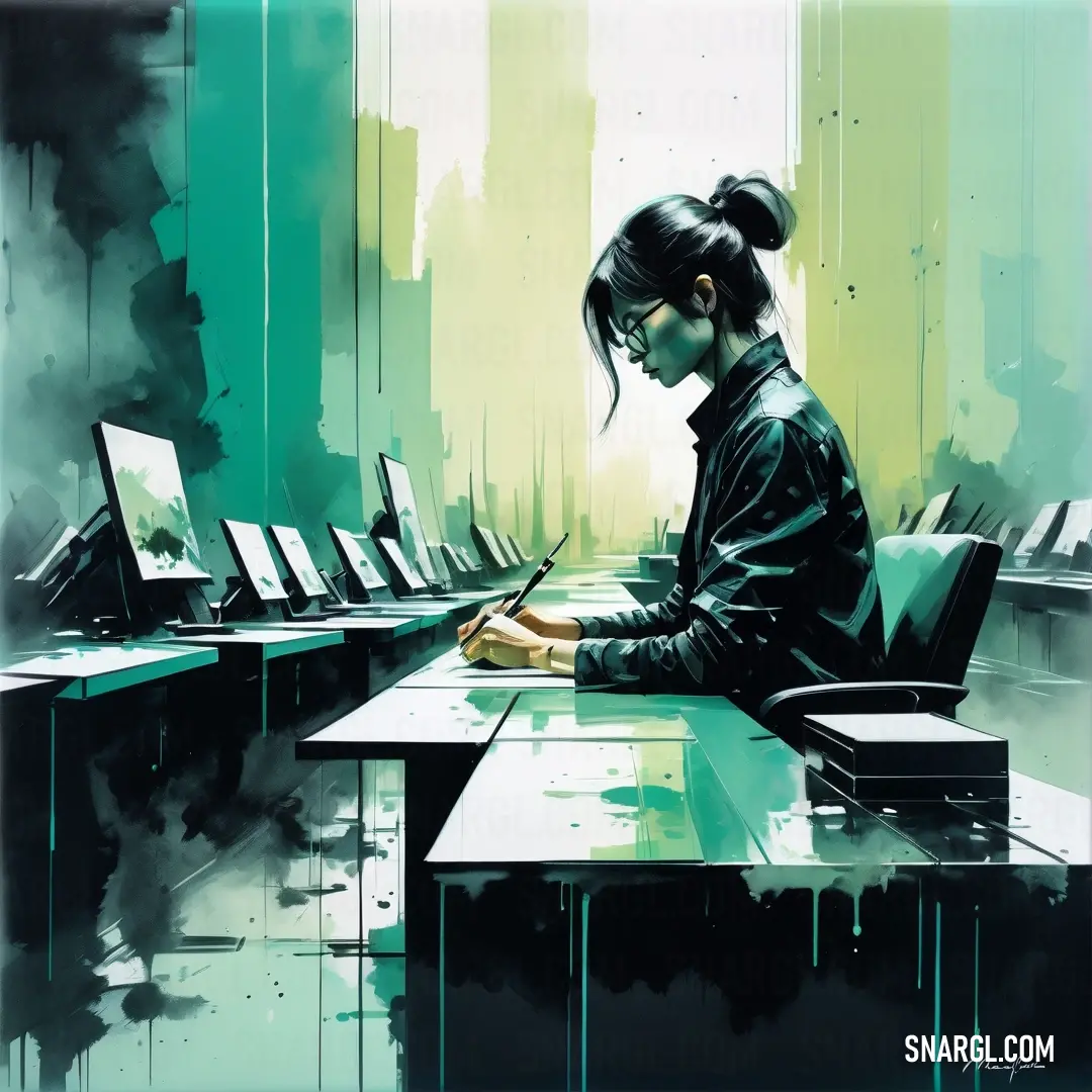 PANTONE 3385 color. Woman at a desk with a laptop computer in her hand and a lot of other laptops on the desk
