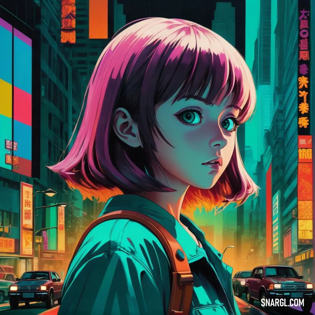 Girl with pink hair and a backpack on a city street in the neon lights of the city lights. Color RGB 29,172,138.