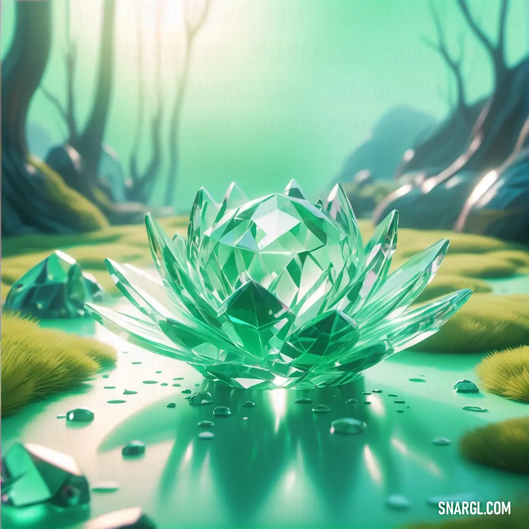 Green crystal flower surrounded by water droplets and grass in a forest setting with sunlight shining through the trees
