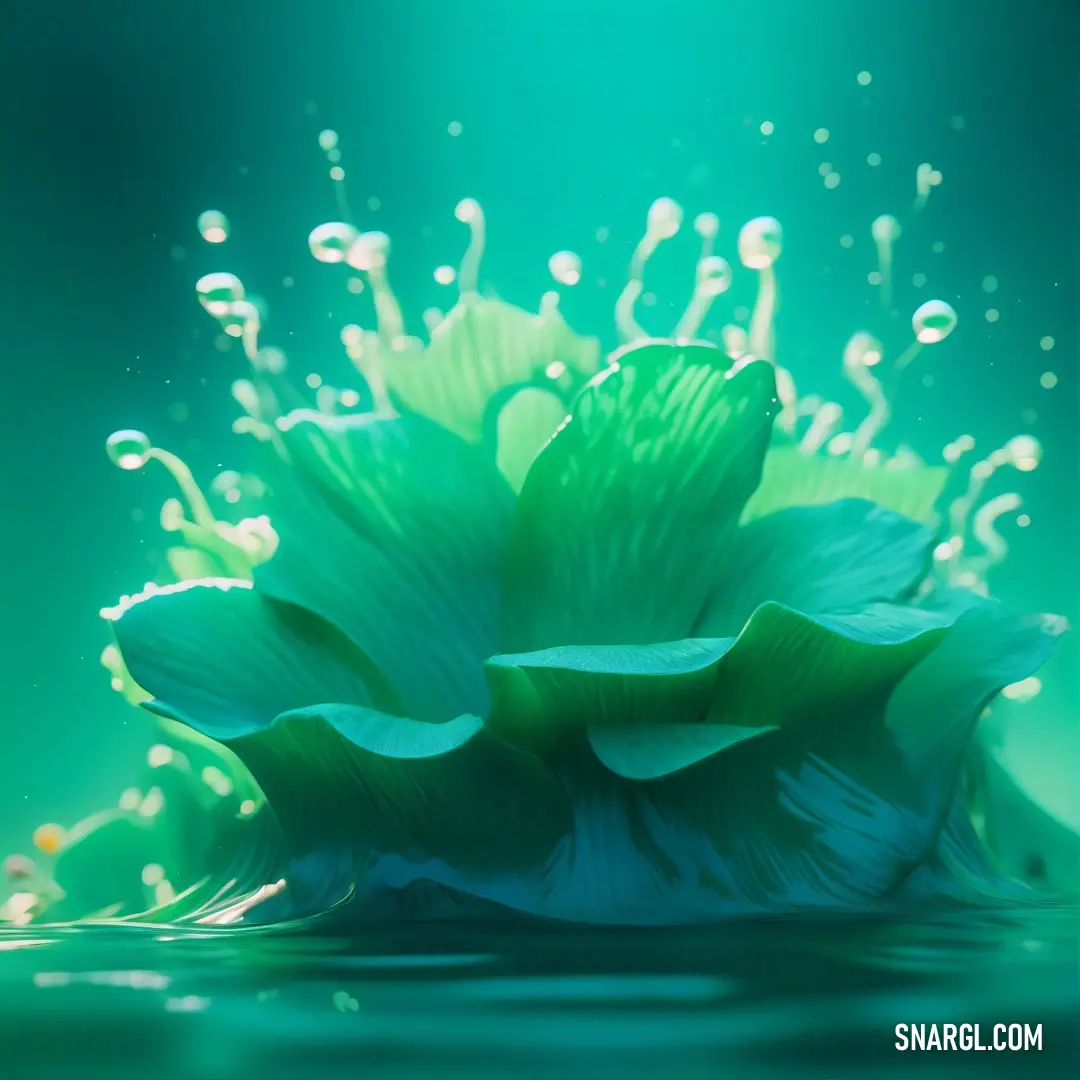 Green flower with water droplets on it's petals and a green background. Color CMYK 88,0,68,0.