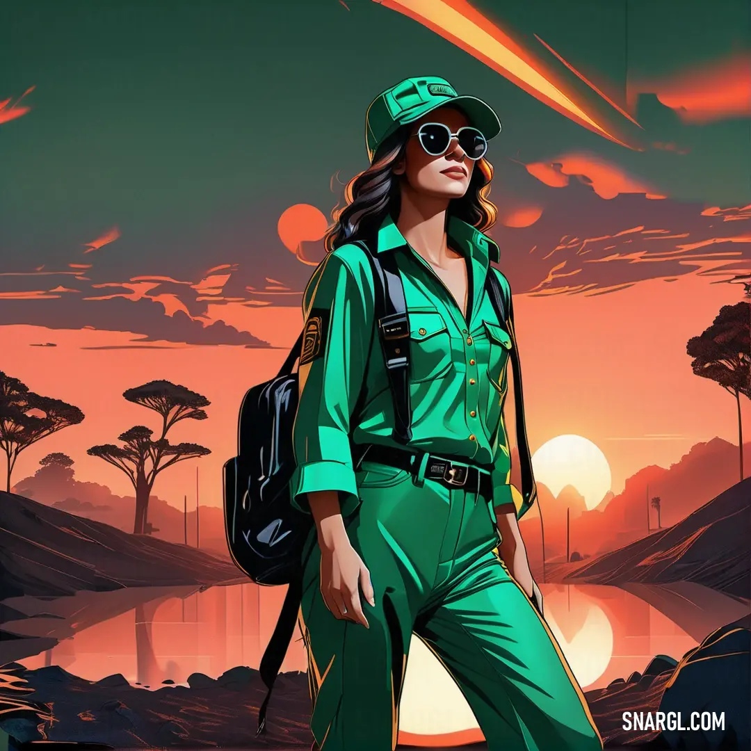 Woman in a green uniform is standing in front of a sunset and a lake with a plane in the sky. Color CMYK 88,0,68,0.