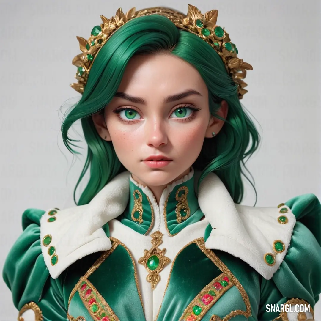 Doll with green hair wearing a green and white outfit and gold jewelry and a tiara with jewels. Color PANTONE 341.