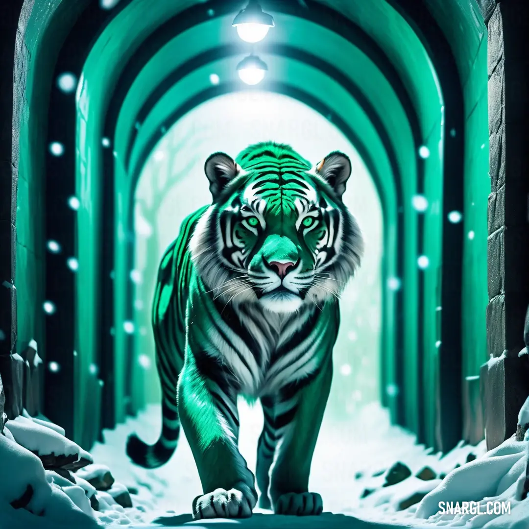 Tiger walking through a tunnel in the snow with a light on it's head and a green light on its face. Example of #00845B color.