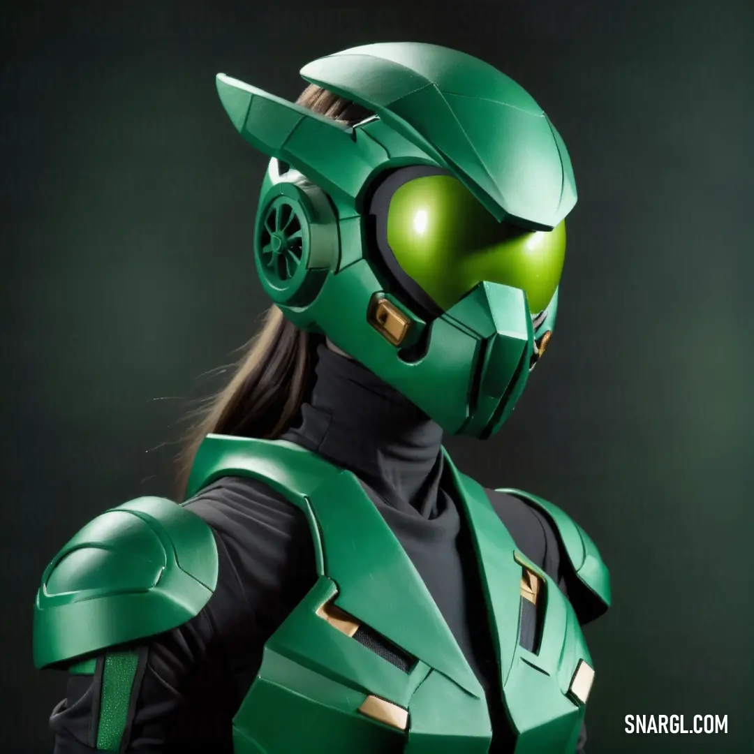 PANTONE 341 color. Woman in a green suit with a helmet and goggles on her head and a ponytail in her hair