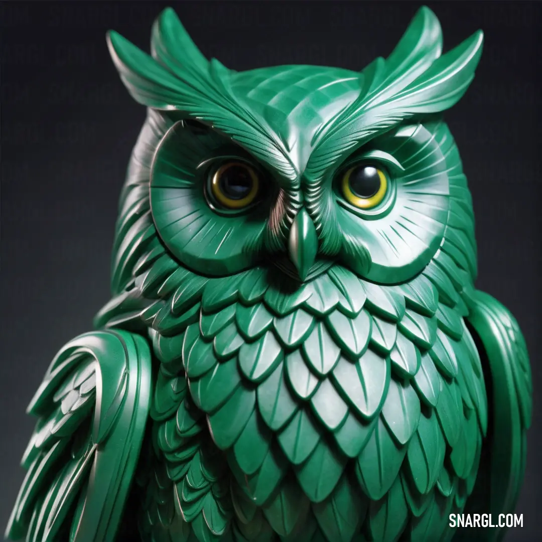 PANTONE 3415 color. Green owl statue with big eyes and a black background