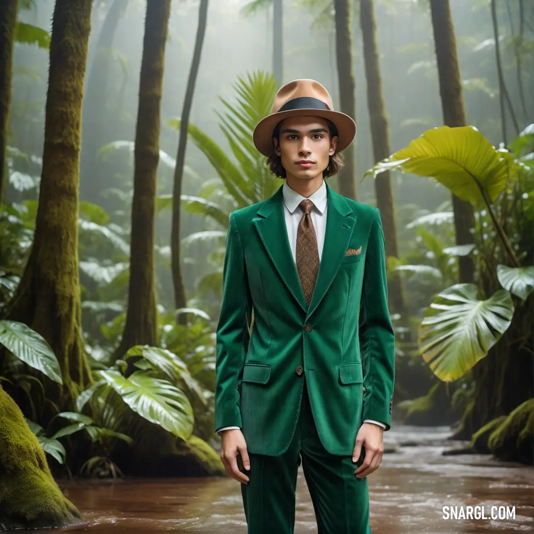 PANTONE 3415 color. Man in a green suit and hat standing in a forest with a stream of water in front of him