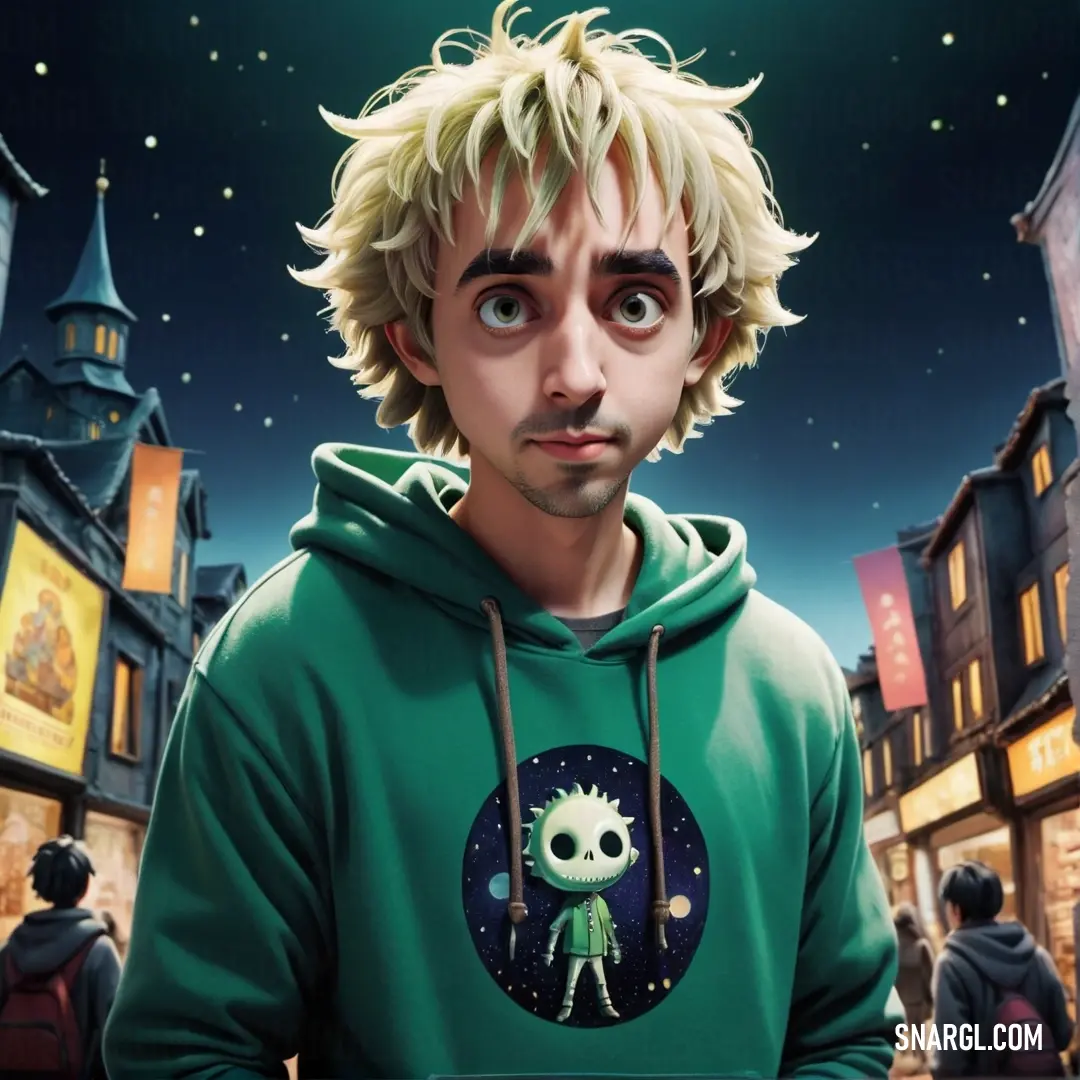 Man with blonde hair and a green hoodie in a cartoon picture of a town with buildings and a full moon. Color CMYK 97,10,86,18.