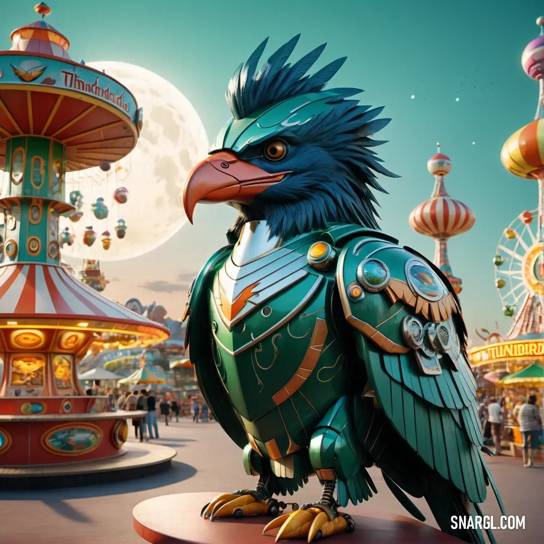 Statue of a bird in front of a carnival ride at night time with a full moon in the background. Example of #00845A color.