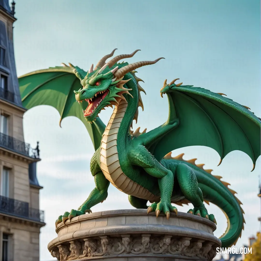 Green dragon statue on top of a building in a city square in france. Color PANTONE 342.
