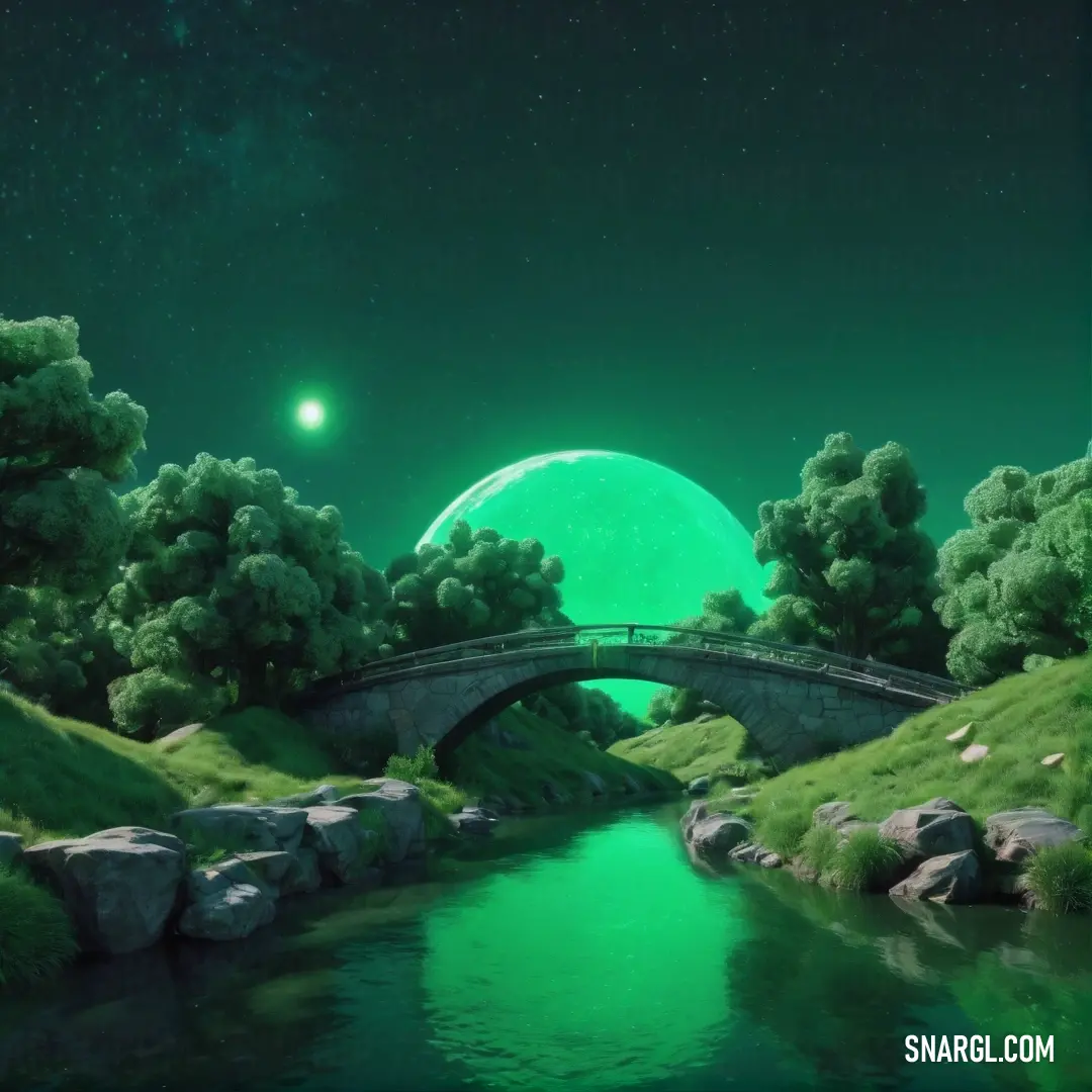 Green planet is in the distance with a bridge over a river in the foreground and a green moon in the background