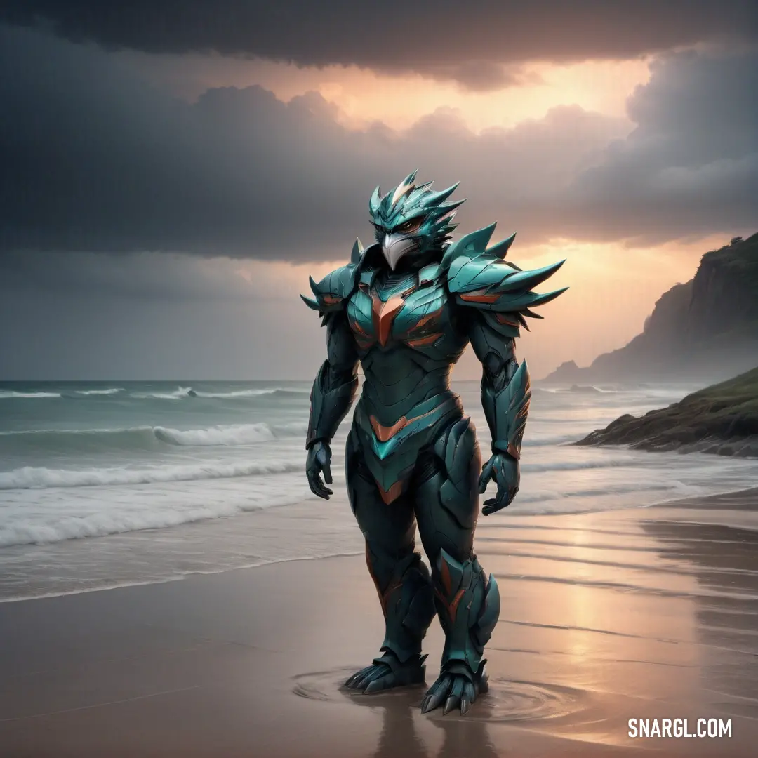 Man in a futuristic suit walking on the beach at sunset or dawn with a large head and large claws. Example of #007055 color.