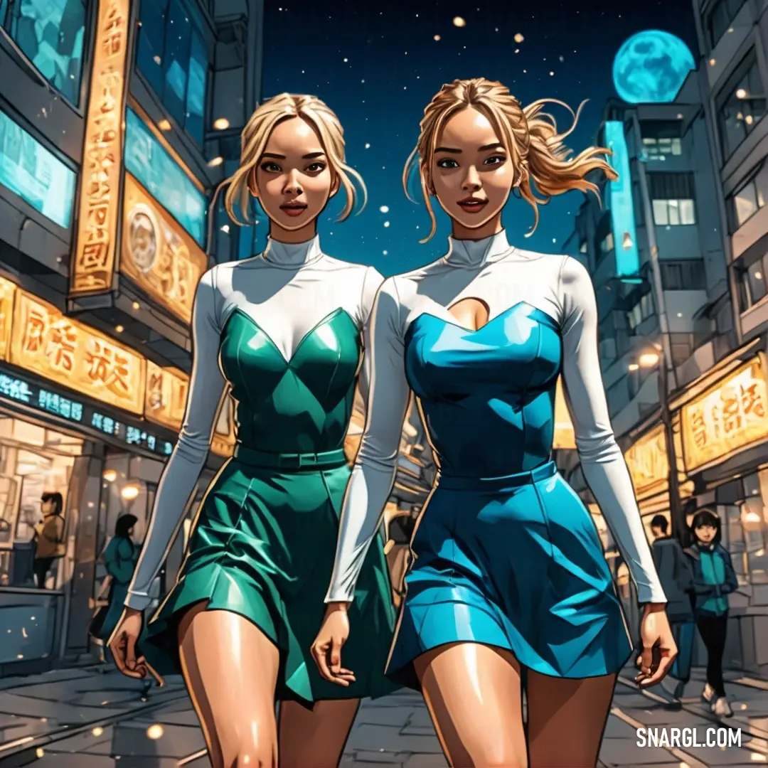Two women in dresses walking down a street at night with a full moon in the background