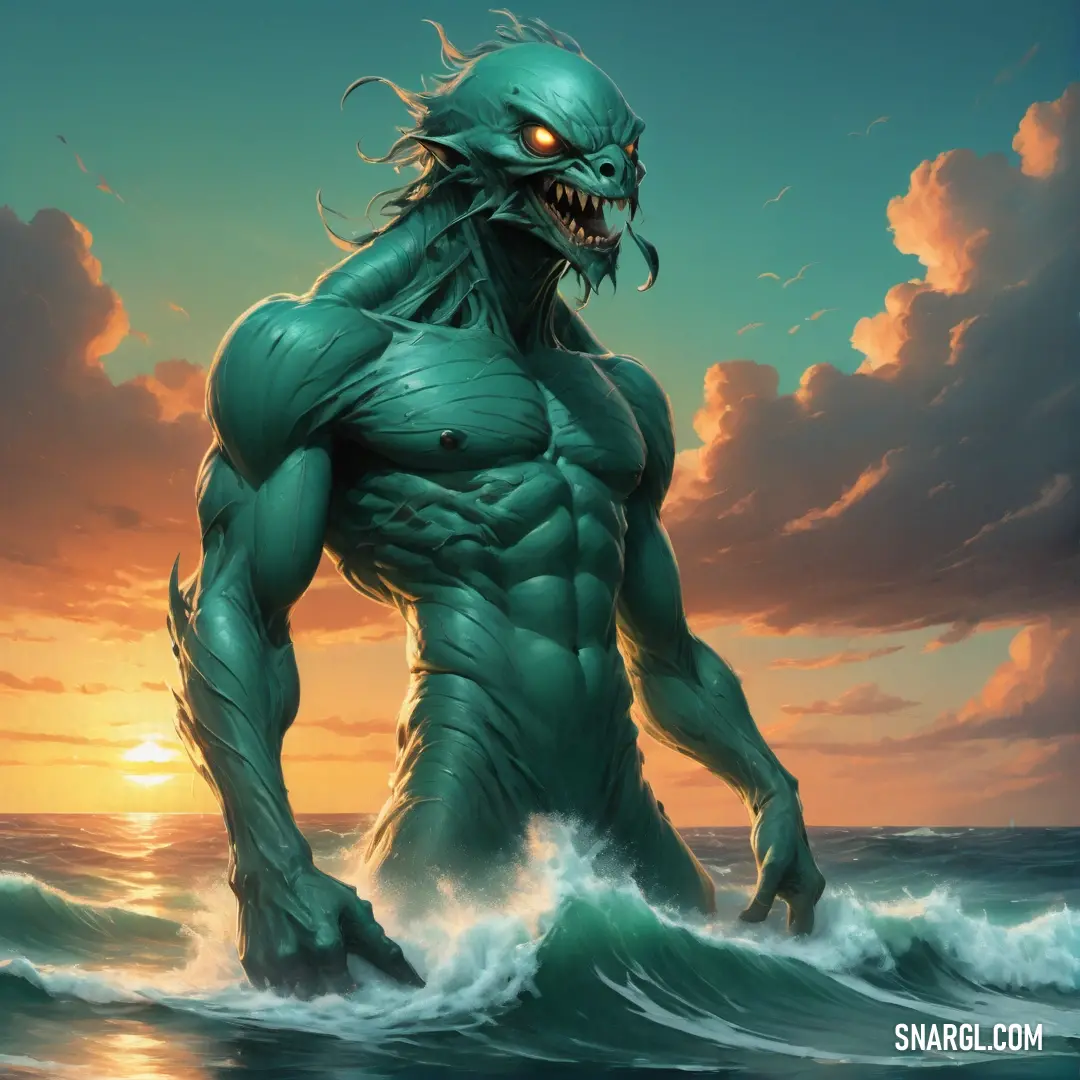 Creature with a large head and a massive body standing in the ocean at sunset with a cloudy sky. Color #285E48.