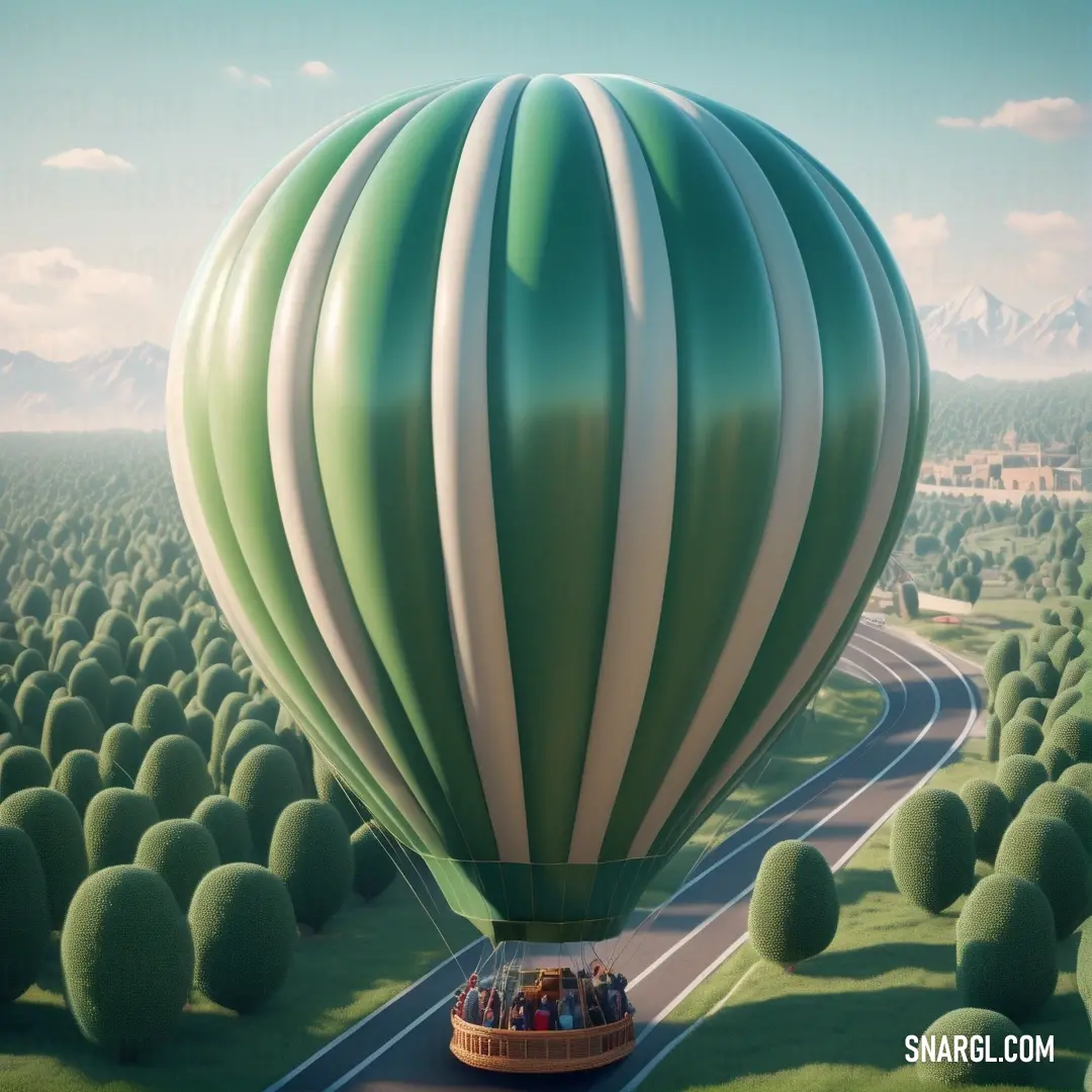 Large green hot air balloon flying over a lush green field with trees and a road in the background. Example of CMYK 89,19,72,60 color.