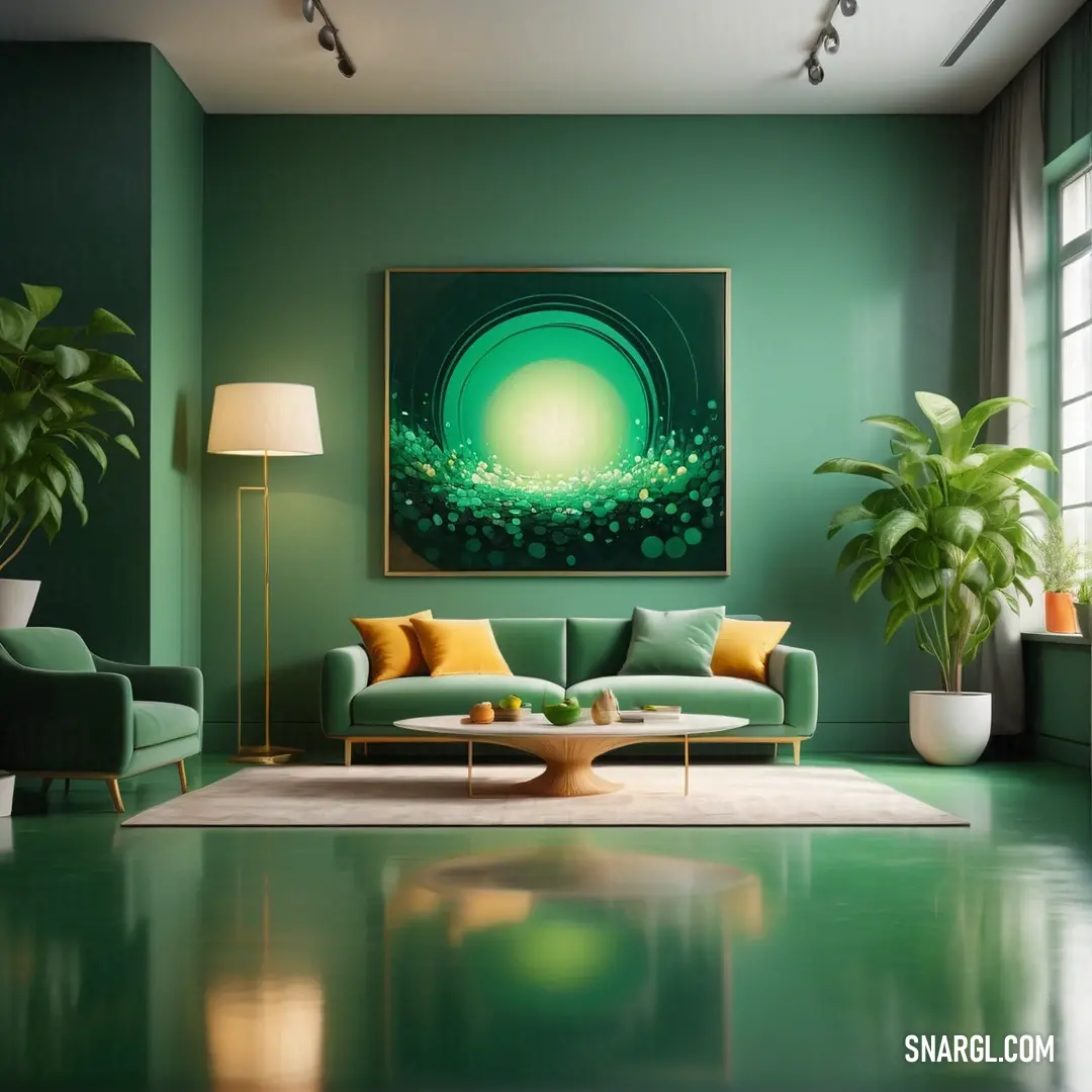 PANTONE 343 color example: Living room with green walls and a painting on the wall above the couch and a rug on the floor