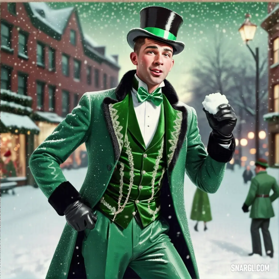PANTONE 343 color example: Man in a green suit and top hat in the snow with a green coat and green hat and gloves