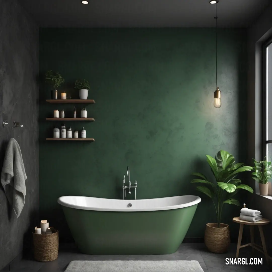 A spacious bathroom featuring a white bathtub in the center, with a green wall surrounding the room. A small plant in the corner brings an organic touch, while the PANTONE 3435 color ties the elements together with a natural elegance.