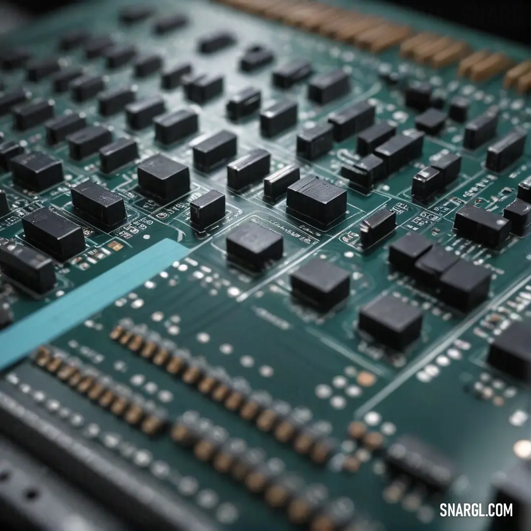 A close-up shot of a complex computer circuit board featuring various electronic components like resistors, capacitors, and connectors, along with a sleek blue ribbon running across it. The deep, earthy green hue reflects a calm yet dynamic technological 