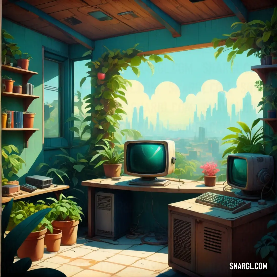 Computer desk with a monitor and a keyboard in a room with plants and a window with a view of a city. Example of #24543D color.