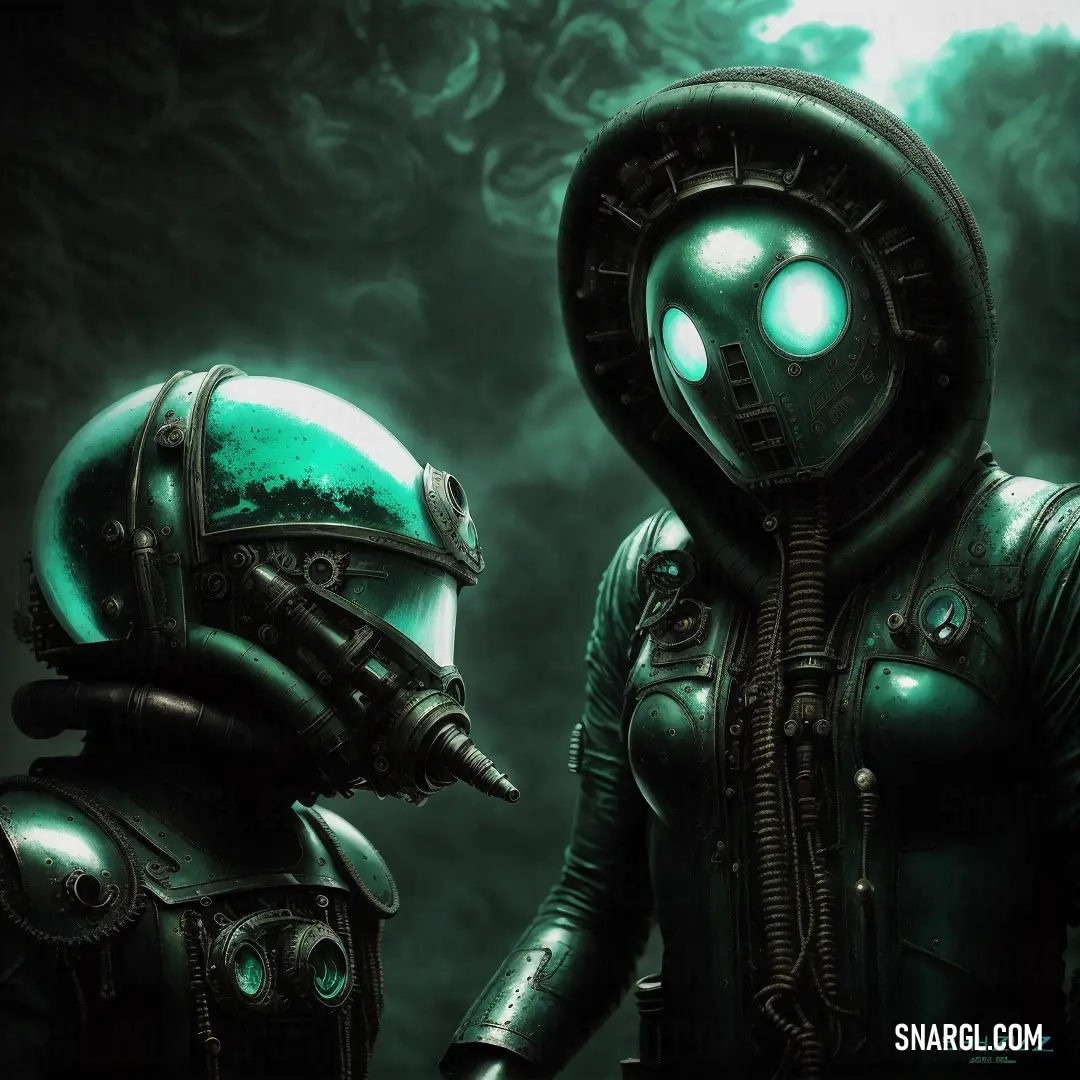 Couple of people in gas masks standing next to each other in a dark room with smoke and fog. Color RGB 36,84,61.