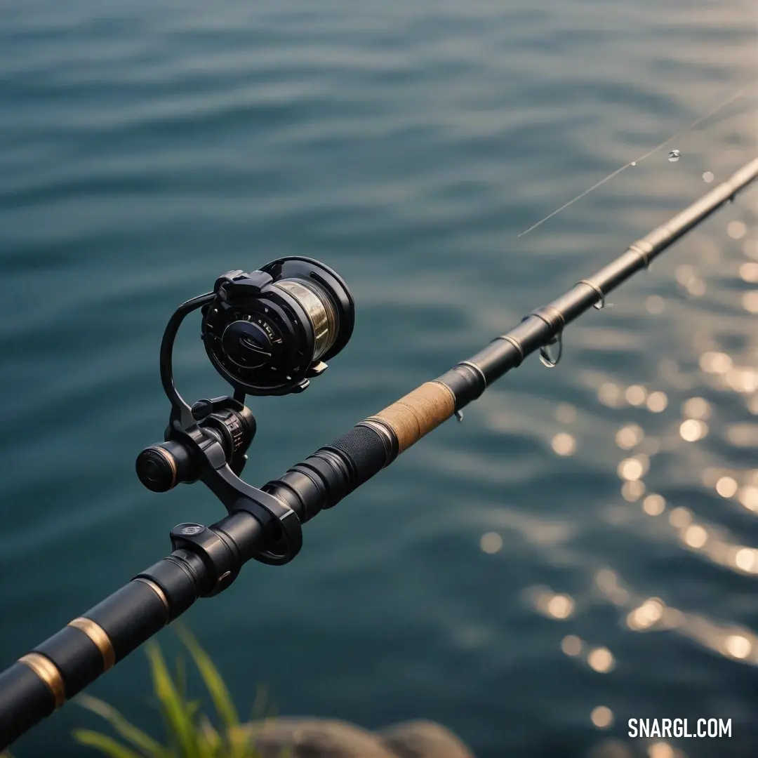 A fishing rod lies next to glistening water, with a fishing pole attached. Bathed in sunlight, the scene conveys a sense of serenity, perfectly capturing the essence of a peaceful day spent by the water's edge.